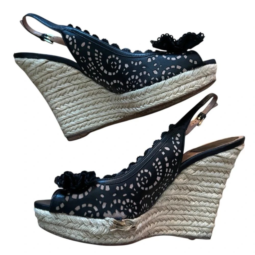 VTG Dior Black and Cream Leather Wedge Sandals w Slingback and Cute Bow Design - Picture 3 of 7